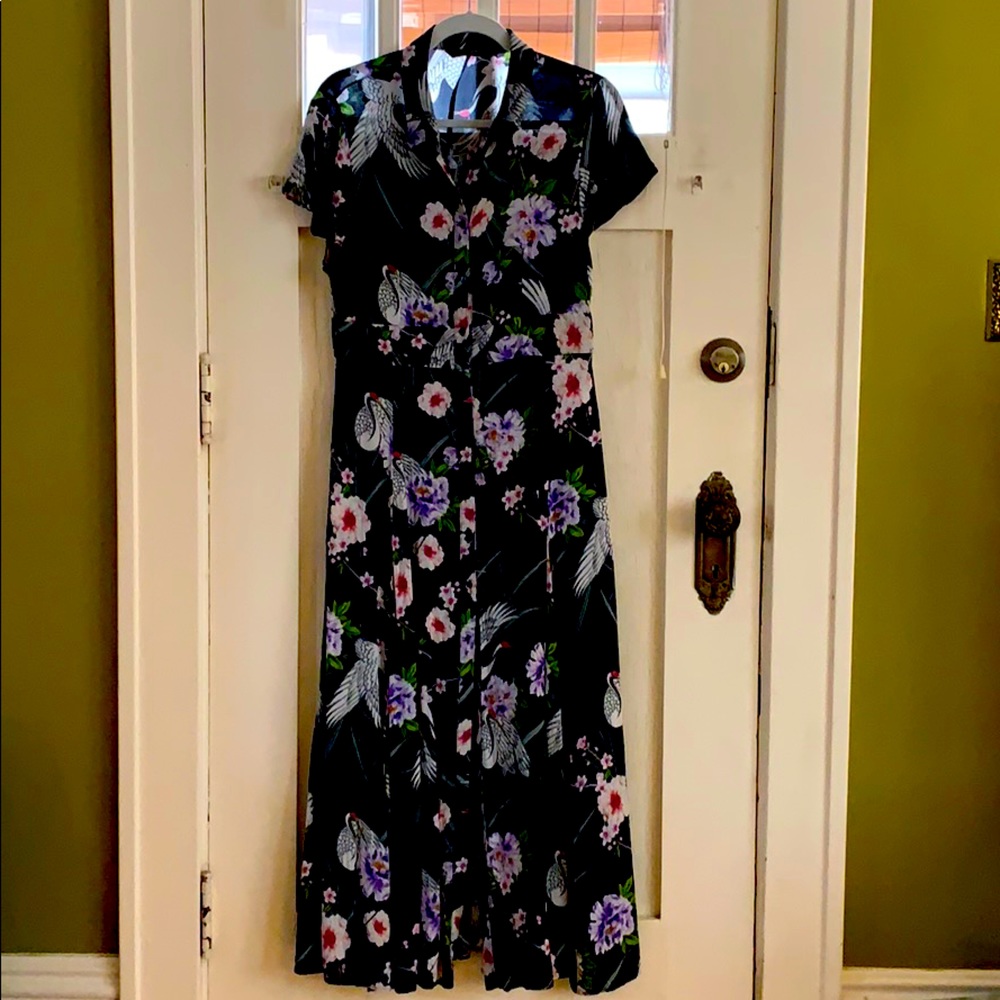 Zara crane print button-through maxi dress